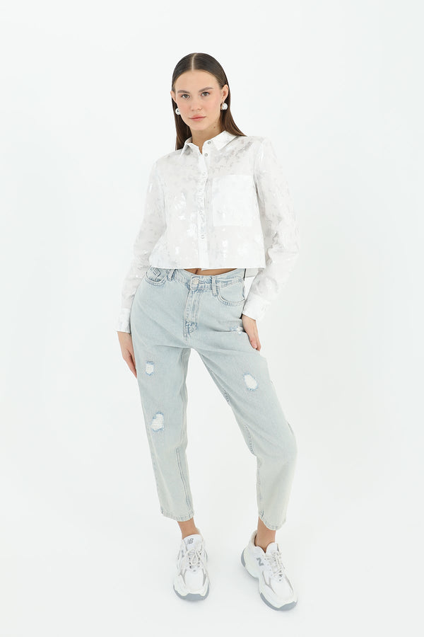 Kadın Crop Uzun Kollu Varak Desenli Gömlek -24S-31769GML - ECRU