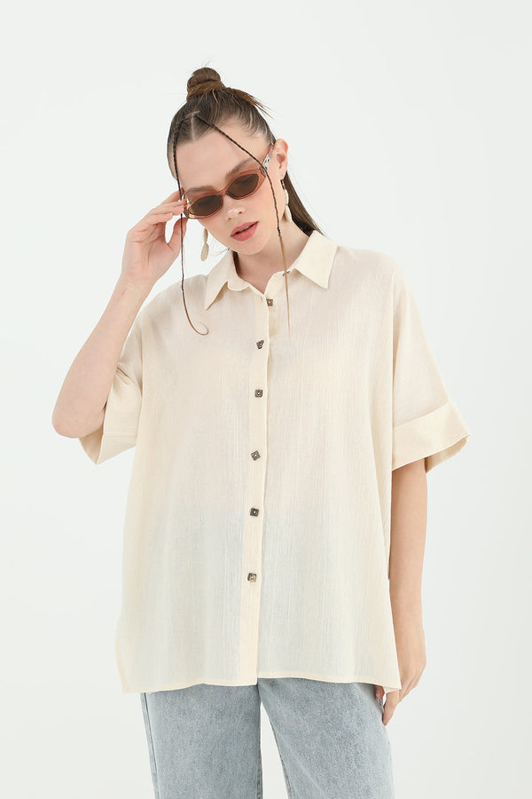 Kadın Arka Roba Dantelli Kısa Kollu Gömlek -24S-31792GML - BEIGE