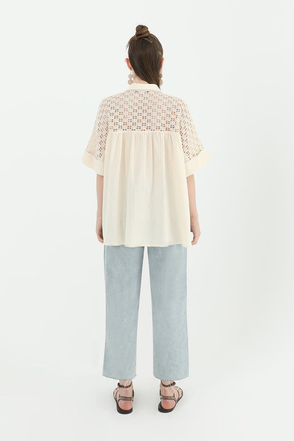 Kadın Arka Roba Dantelli Kısa Kollu Gömlek -24S-31792GML