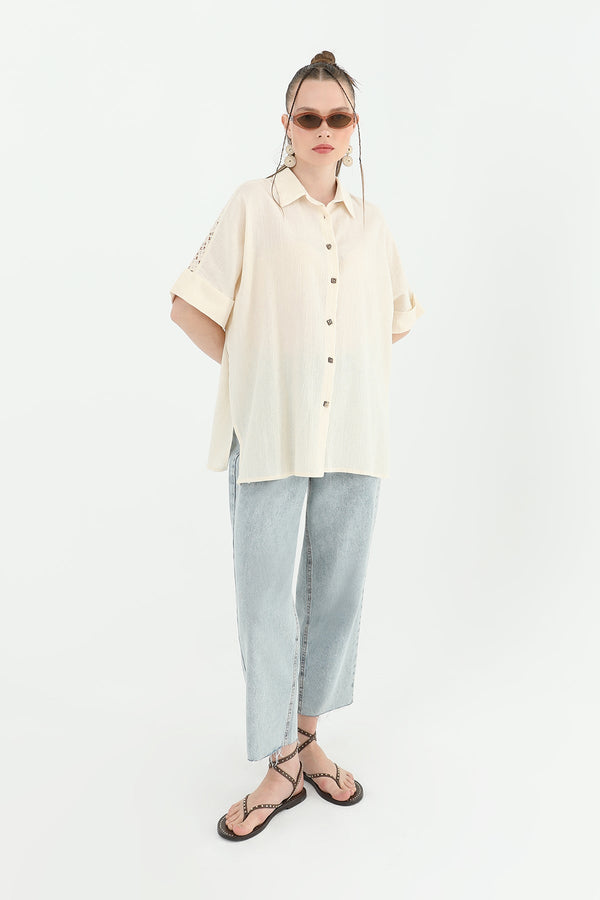 Kadın Arka Roba Dantelli Kısa Kollu Gömlek -24S-31792GML