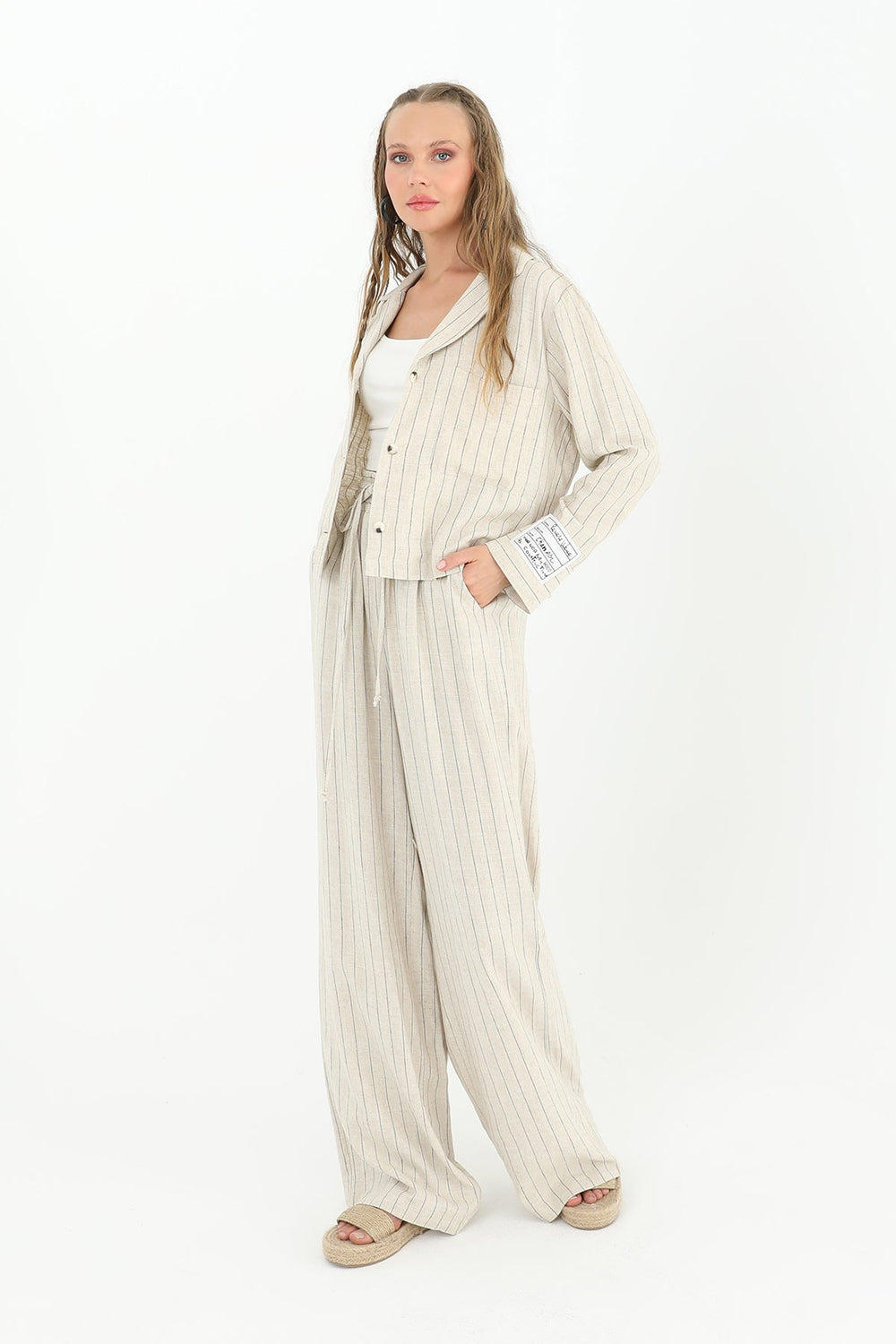 Kadın Çizgili Kısa Cepli Gömlek -24S-31817GML - BEIGE