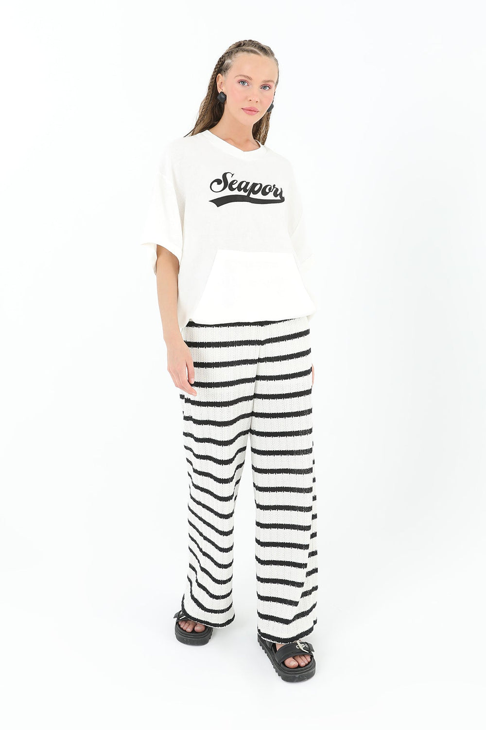 Kadın Örme Pantolon - 31821PNT - ECRU-BLACK