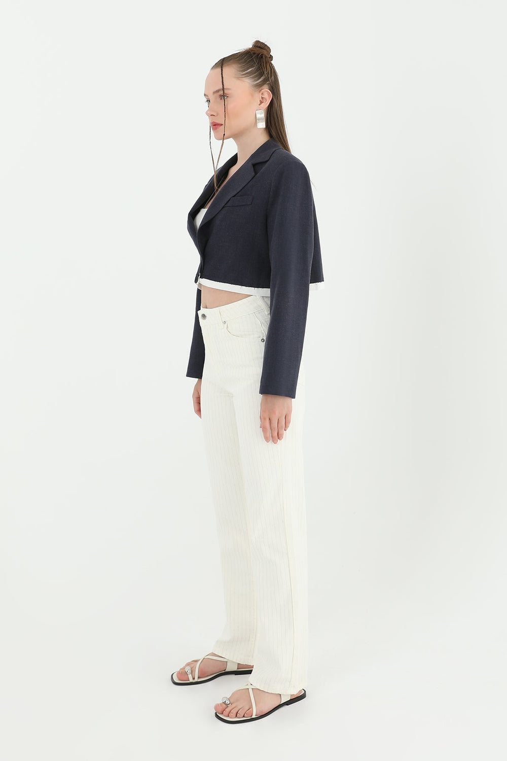 Kadın Çizgili Denim Pantolon - 31877PNT - ECRU