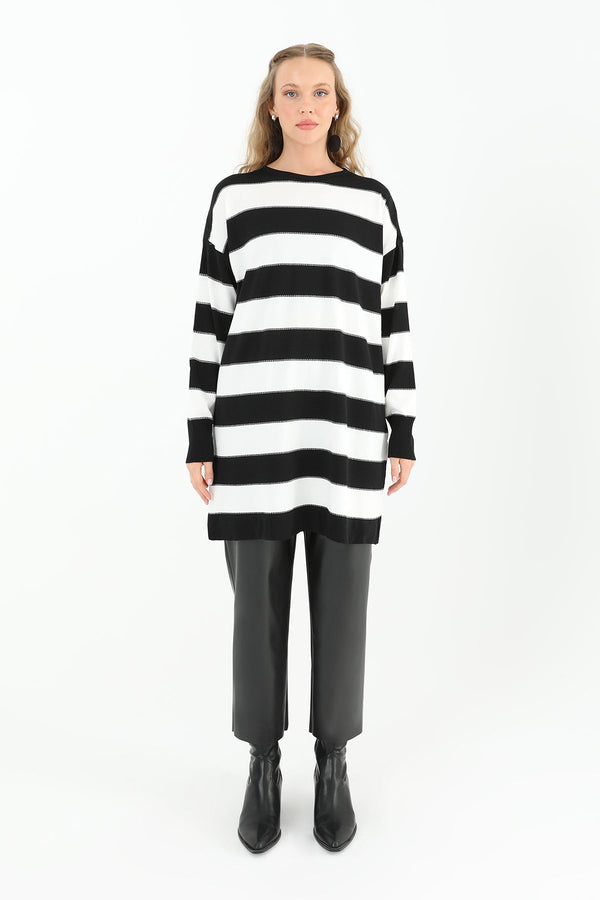 Kadın Çizgili Uzun Kollu Tunik  - 10549TUN - BLACK