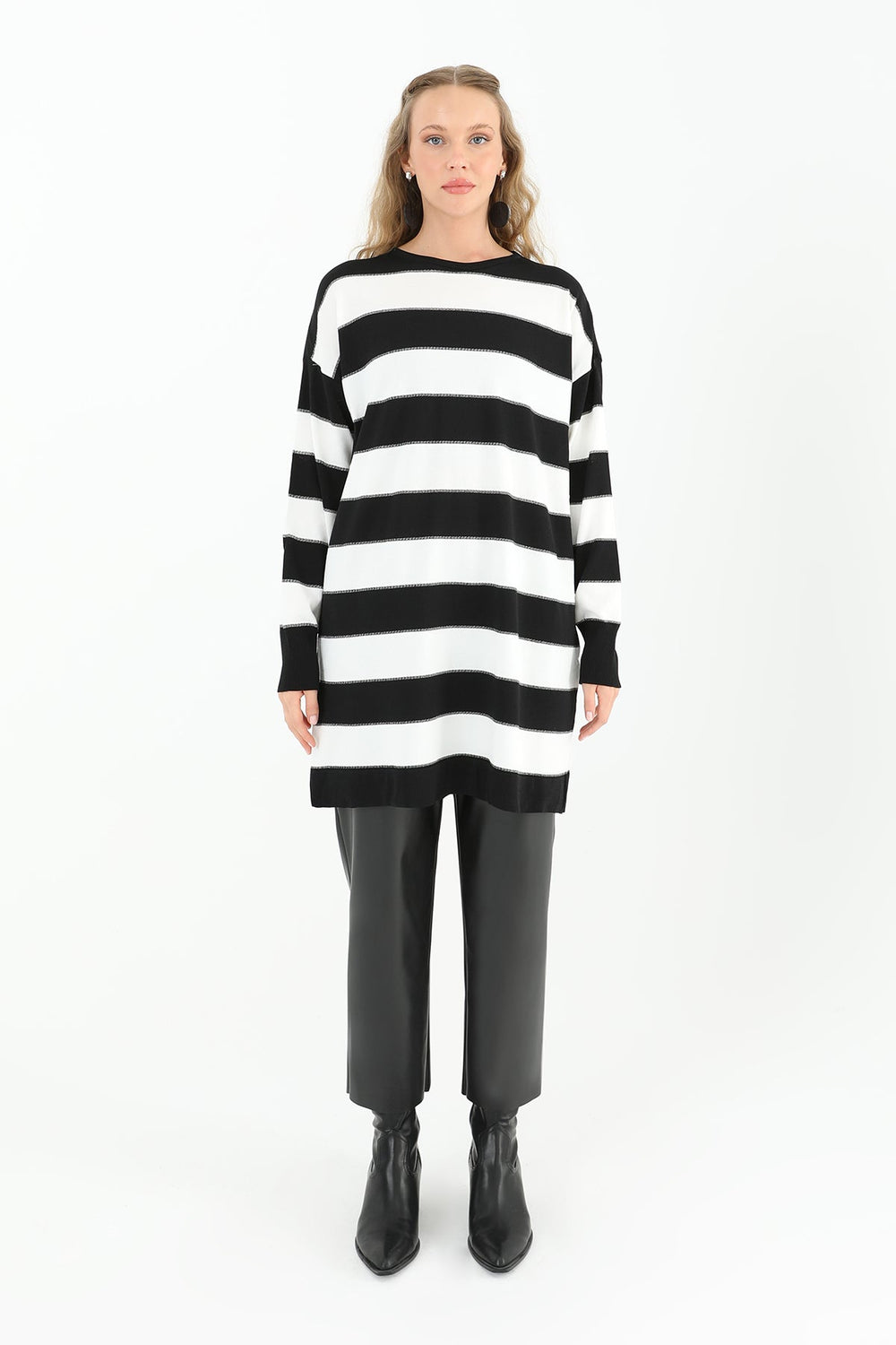 Kadın Çizgili Uzun Kollu Tunik  - 10549TUN - BLACK