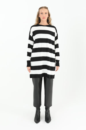 Kadın Çizgili Uzun Kollu Tunik  - 10549TUN - BLACK