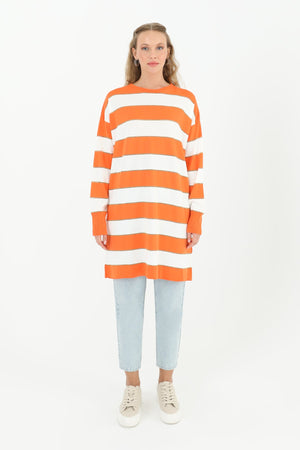 Kadın Çizgili Uzun Kollu Tunik  - 10549TUN - ORANGE