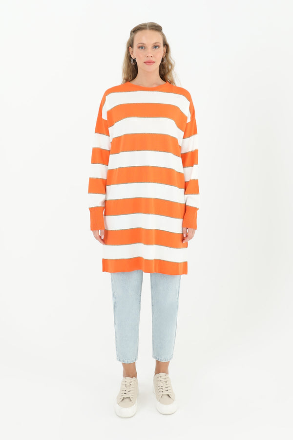 Kadın Çizgili Uzun Kollu Tunik  - 10549TUN - ORANGE