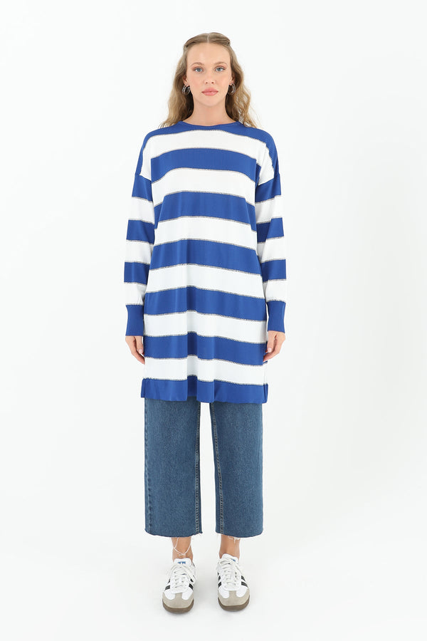 Kadın Çizgili Uzun Kollu Tunik  - 10549TUN - SAX BLUE