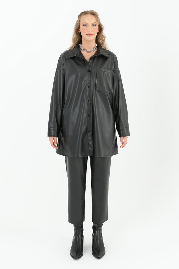 Kadın Cepli Deri Gömlek - 10570GML - BLACK