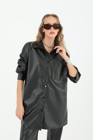 Kadın Cepli Deri Gömlek - 10570GML