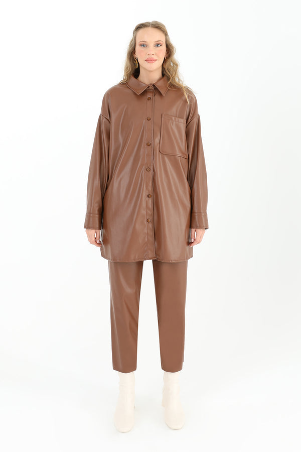 Kadın Cepli Deri Gömlek - 10570GML - BROWN