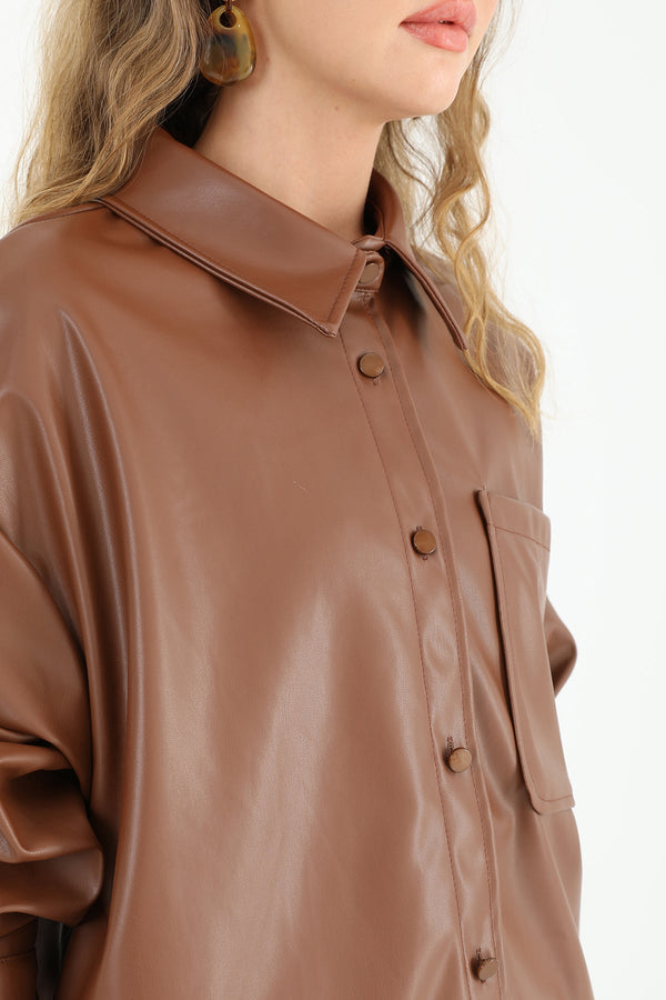 Kadın Cepli Deri Gömlek - 10570GML