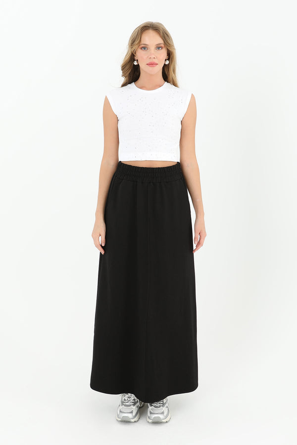 Kadın Beli Lastikli Uzun Etek  - 18207ETK - BLACK