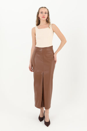 Kadın Önü Yırtmaçlı Deri Etek  - 18215ETK - BROWN