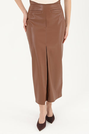 Kadın Önü Yırtmaçlı Deri Etek  - 18215ETK