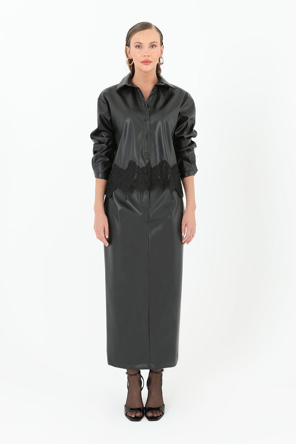 Kadın Etek Ucu Dantelli Deri Gömlek  - 31970GML - BLACK