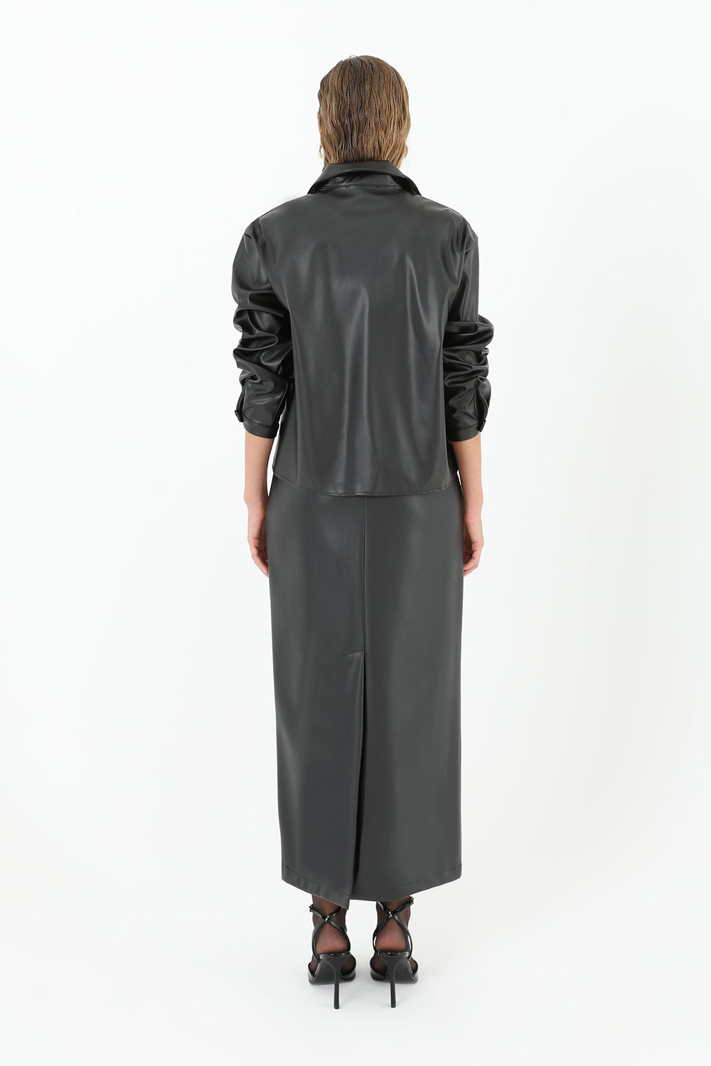 Kadın Etek Ucu Dantelli Deri Gömlek  - 31970GML - BLACK