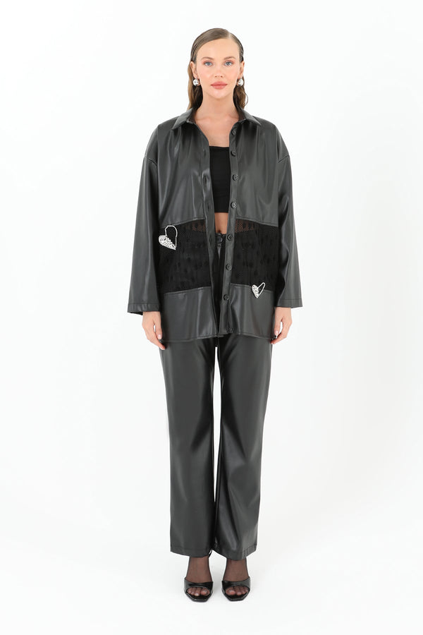 Kadın File Detaylı Deri Gömlek  - 31971GML - BLACK