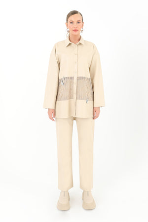 Kadın File Detaylı Deri Gömlek  - 31971GML - BEIGE