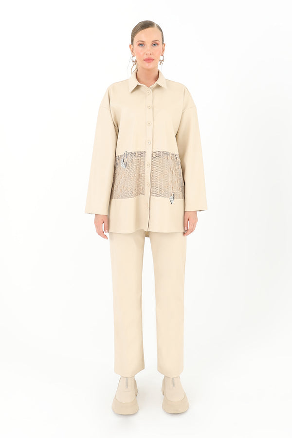 Kadın File Detaylı Deri Gömlek  - 31971GML - BEIGE