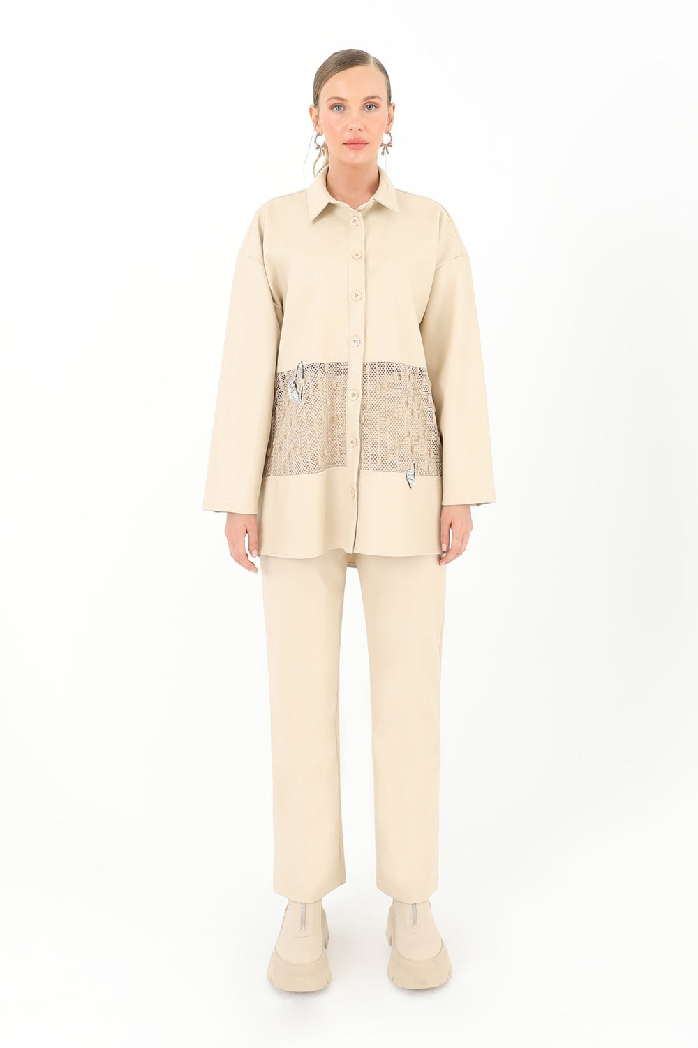 Kadın File Detaylı Deri Gömlek  - 31971GML - BEIGE