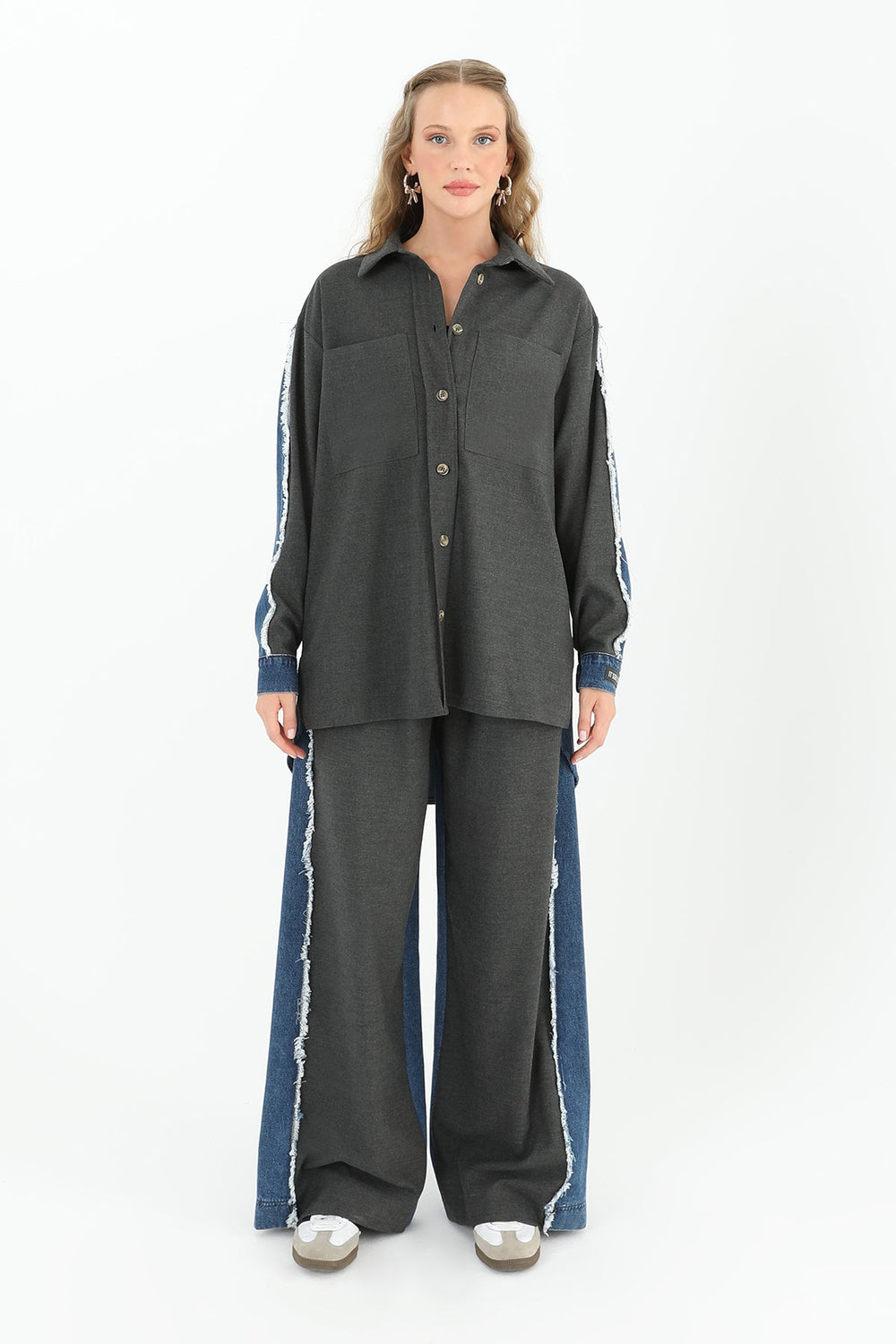 Kadın Kolu Kot Detaylı Geniş Cepli Gömlek  - 31981GML - ANTRACITE