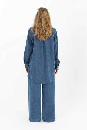 Kadın Kolu Kot Detaylı Geniş Cepli Gömlek  - 31981GML