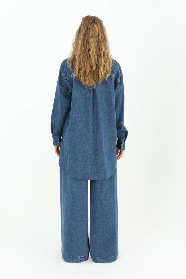 Kadın Kolu Kot Detaylı Geniş Cepli Gömlek  - 31981GML