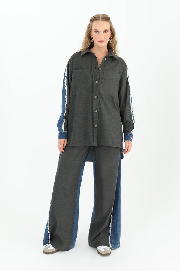 Kadın Kolu Kot Detaylı Geniş Cepli Gömlek  - 31981GML