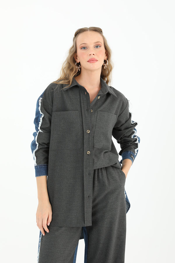 Kadın Kolu Kot Detaylı Geniş Cepli Gömlek  - 31981GML