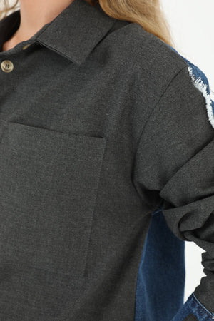 Kadın Kolu Kot Detaylı Geniş Cepli Gömlek  - 31981GML