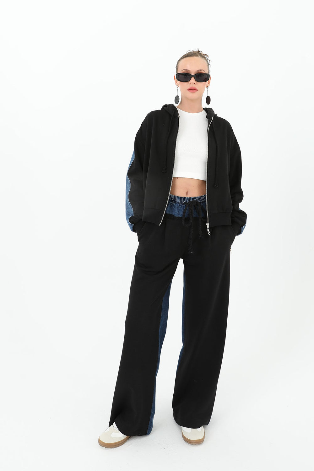 Kadın Arkası Kot Önü Triko Geçişli Geniş Paça Pantolon  - 31992PNT - BLACK-BLUE