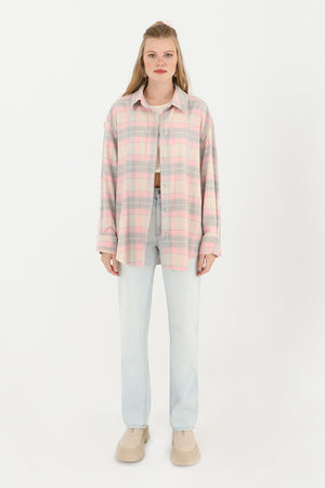 Kadın Ekoseli Saçaklı Gömlek  - 32007GML - PINK