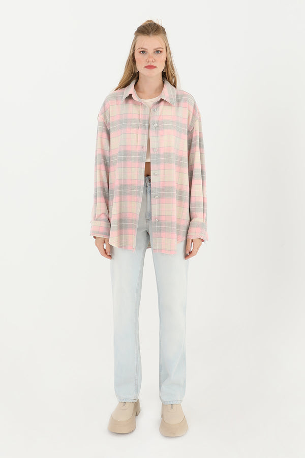 Kadın Ekoseli Saçaklı Gömlek  - 32007GML - PINK