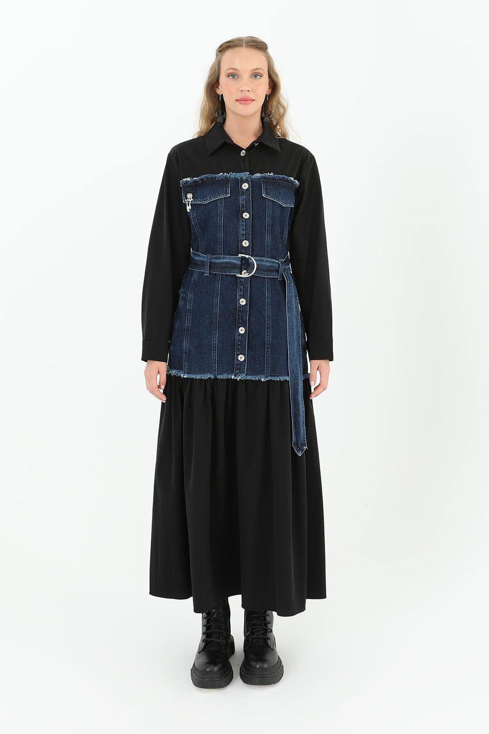 Denim Detaylı Kemerli Uzun Elbise  - 32008ELB - BLACK-BLUE