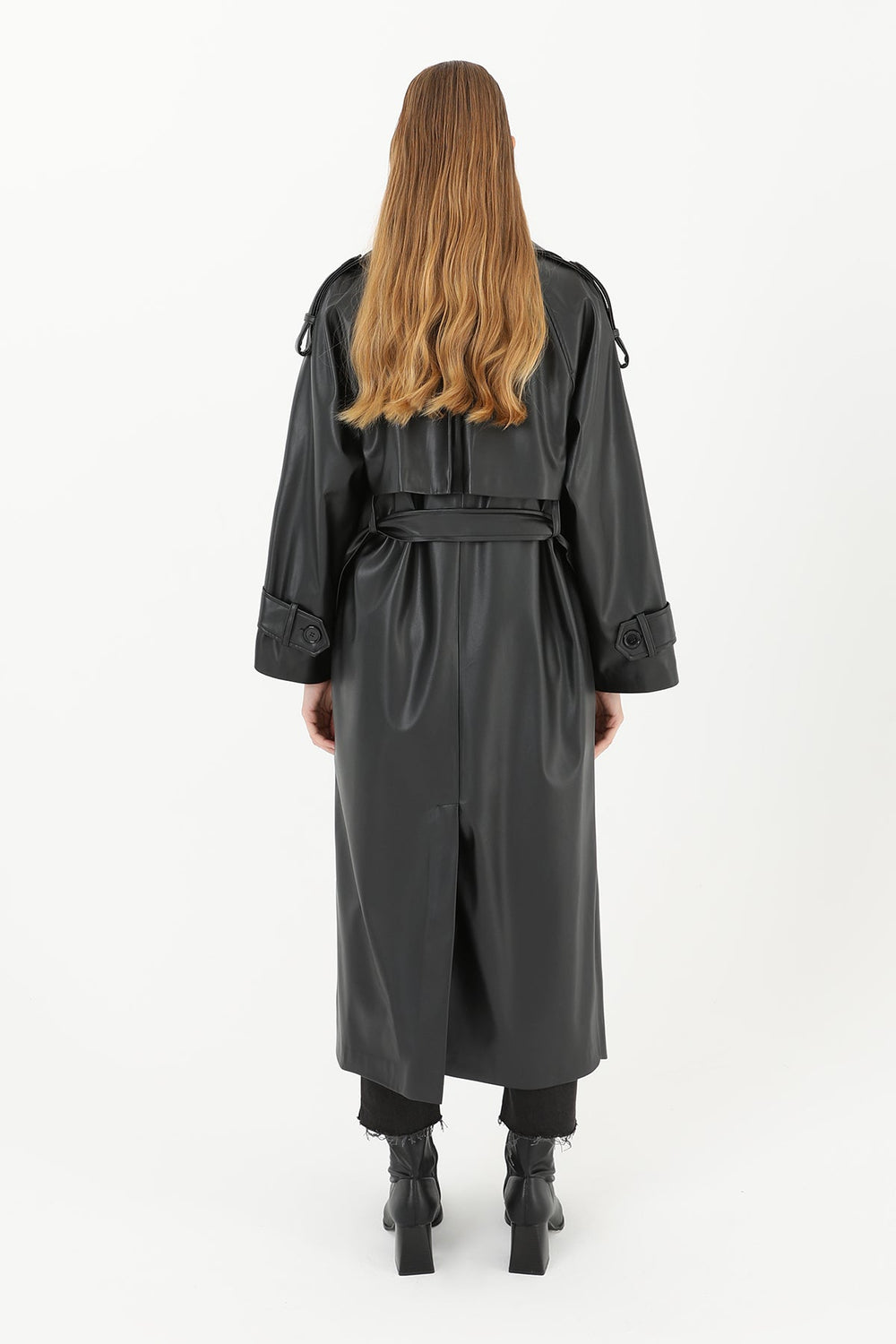 Kadın Deri Uzun Trench  - 32017TRC - BLACK