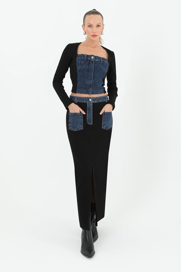 Kadın Ribanalı Denim Cepli Etek  - 32028ETK - BLACK