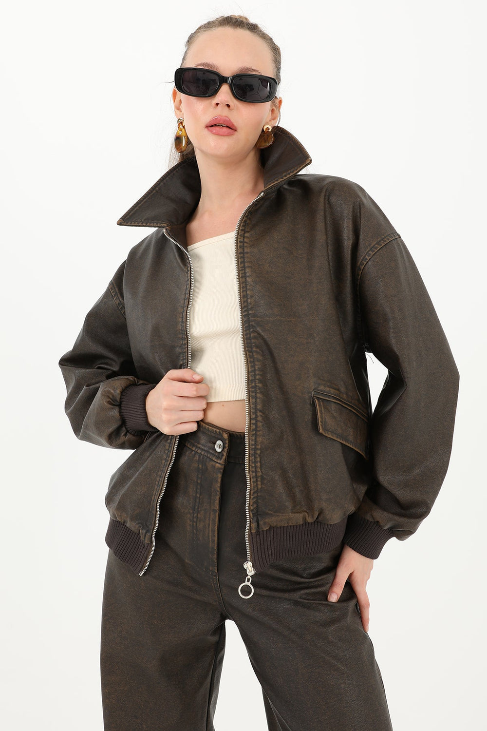 Kadın Yıkamalı Deri Ceket  - 32033MNT - BROWN