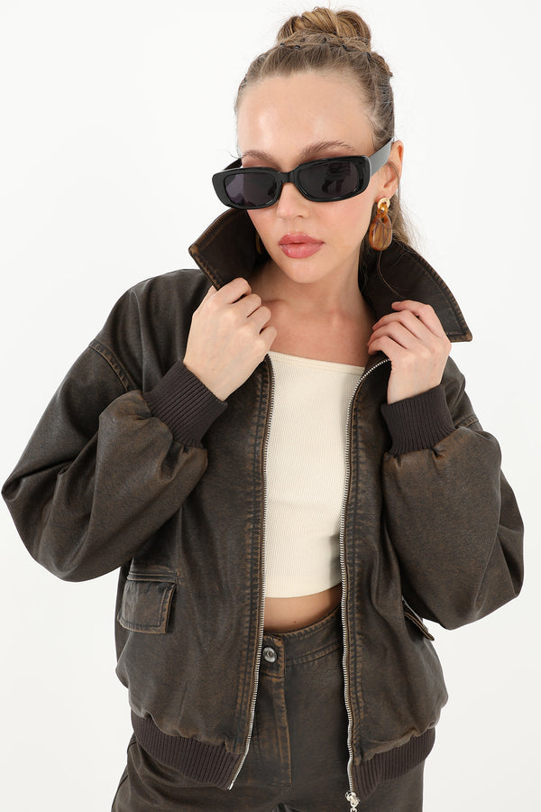 Kadın Yıkamalı Deri Ceket  - 32033MNT