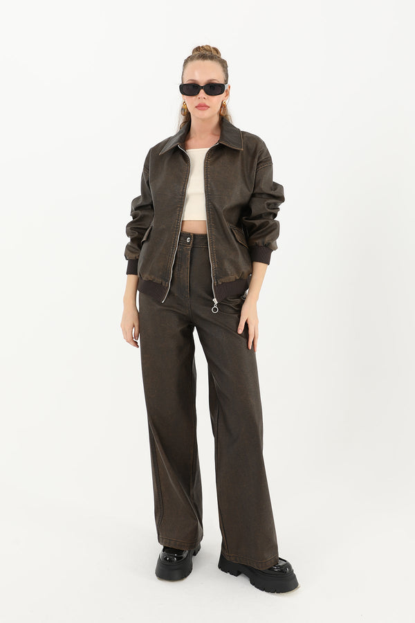 Kadın Yıkamalı Deri Ceket  - 32033MNT