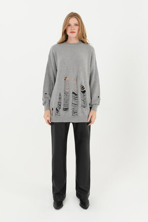 Kadın Yırtıklı Triko Tunik  - 32034TUN - GREY