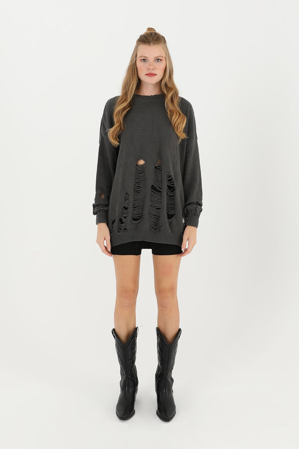 Kadın Yırtıklı Triko Tunik  - 32034TUN - ANTRACITE