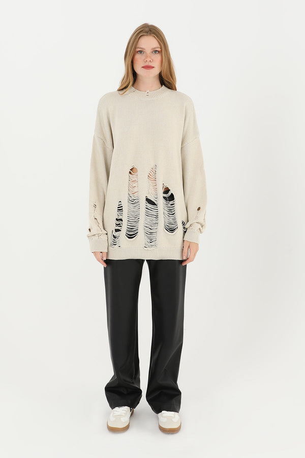 Kadın Yırtıklı Triko Tunik  - 32034TUN - BEIGE