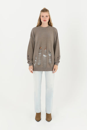 Kadın Yırtıklı Triko Tunik  - 32034TUN - MINK