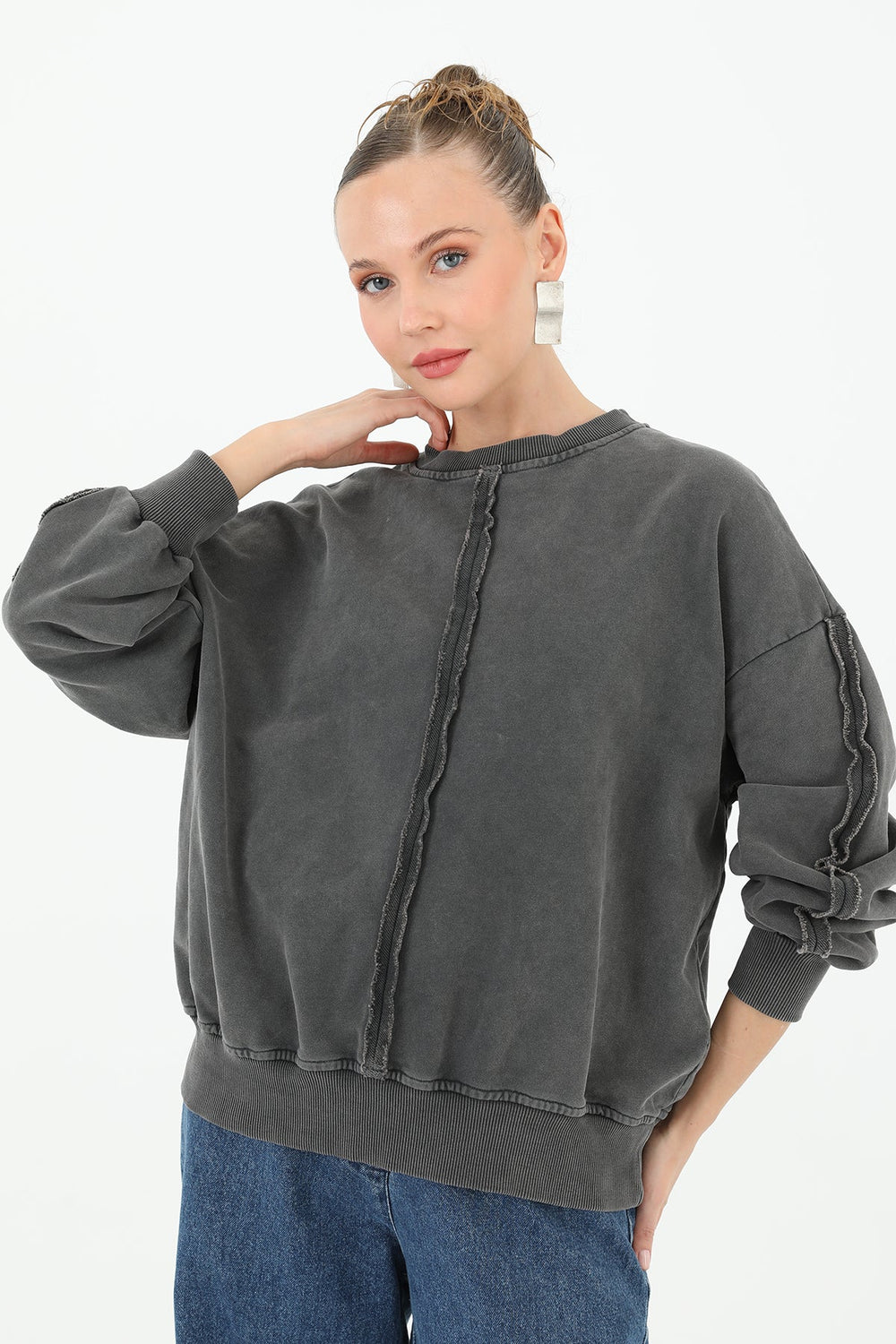 Kadın Dikiş Detaylı Eskitme Sweatshirt - 32063SWT - ANTRACITE
