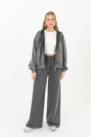 Kadın Fermuarlı Kapüşonlu Eskitme Sweatshirt - 32064SWT - ANTRACITE