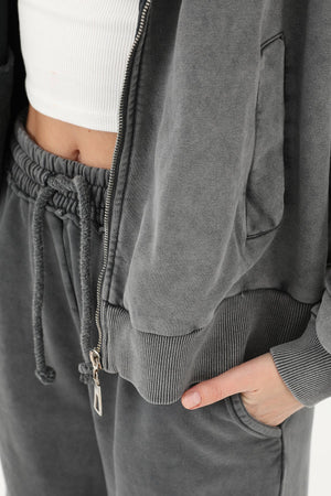 Kadın Fermuarlı Kapüşonlu Eskitme Sweatshirt - 32064SWT