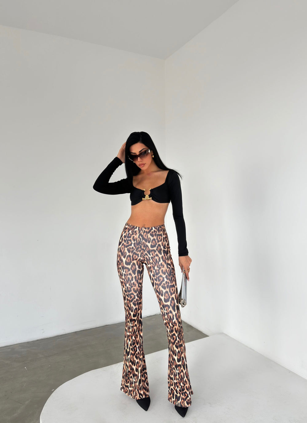 Koyu Leopar İspanyol Paça Pantolon