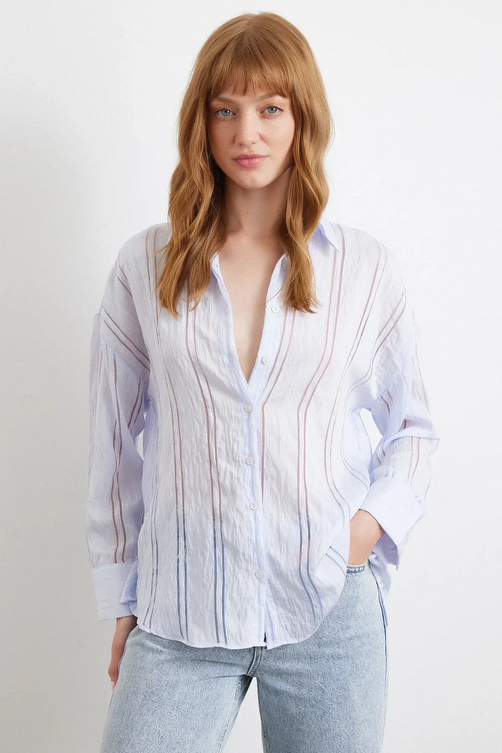 Organze Çizgili Gömlek - Mavi - Mavi - L